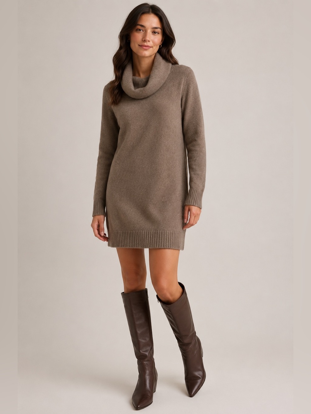 White + Warren Cashmere Cowl Neck Sweater Dress – Taupe Gray Size Large